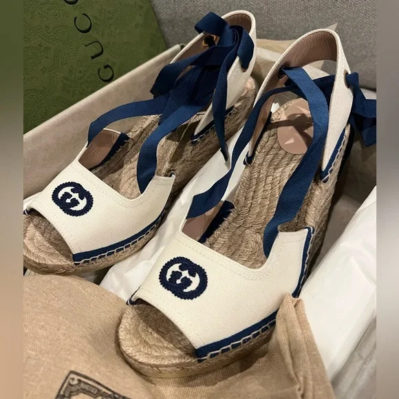 NEW Gucci GG Judie Lace Up Ballerina Espadrille Wedges - Picture 3 of 10